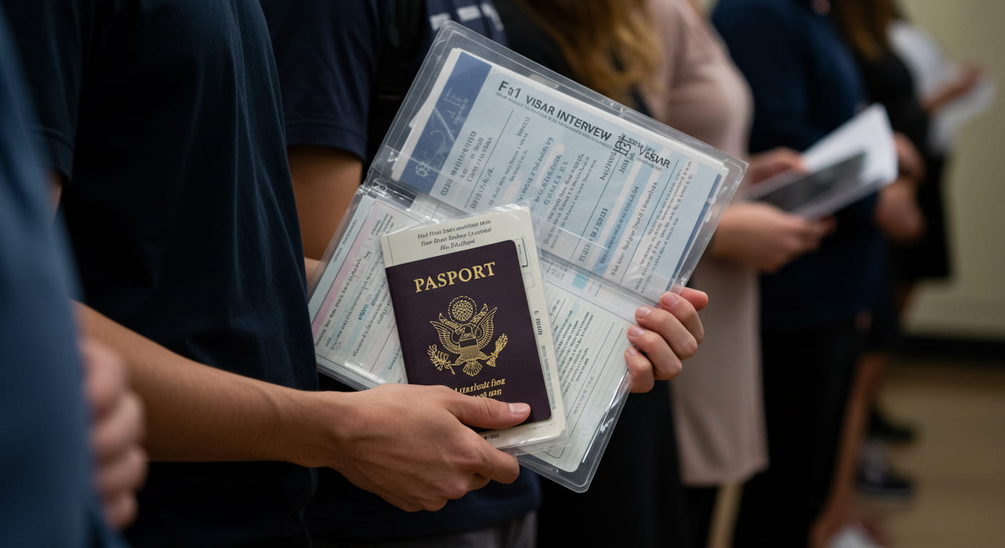 A student holding the documents they need for their F1 visa interview